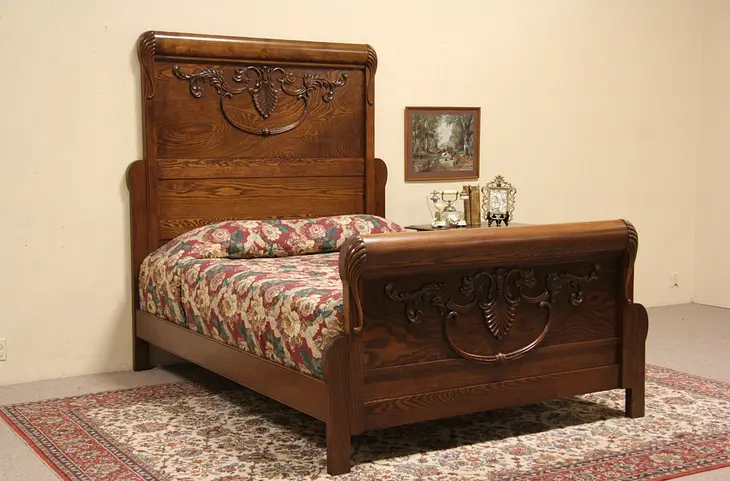 Carved Oak 1900 Antique Queen Size Bed