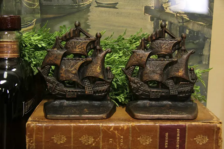 Pair of Antique Iron Bronze Finish Clipper Ship Bookends
