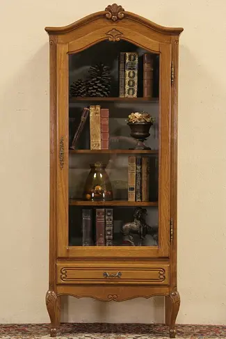 Country French Oak Vintage Bookcase or China Curio Display Cabinet