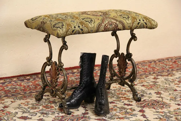 Wrought Iron & Painted 1910 Antique Bench, New Upholstery