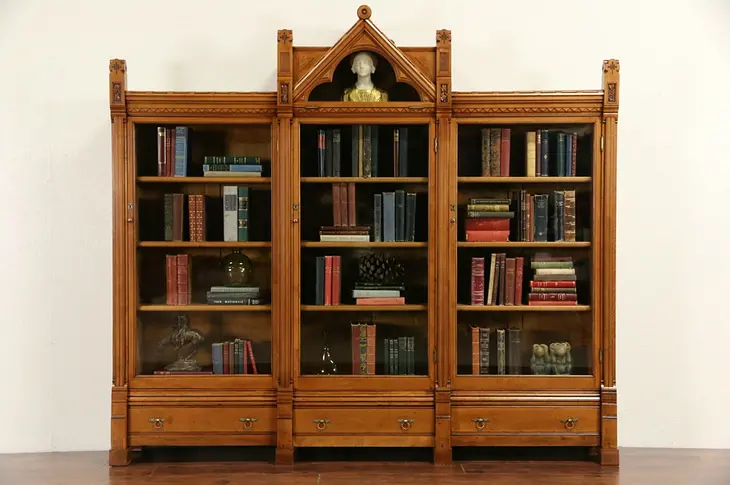 Gothic Maple 1875 Antique Eastlake or Aesthetic Triple Bookcase