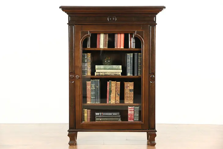 Victorian Walnut & Burl Bookcase, Bath Cabinet, Wavy Glass, Adjustable Shelves