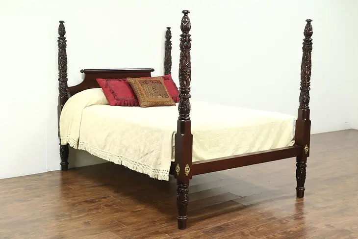 Empire 1900 Antique Queen Size Mahogany Poster Bed, Acanthus & Pineapple Carved
