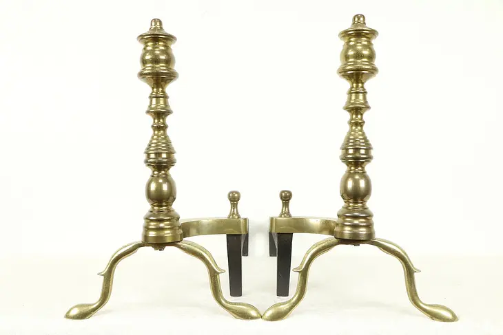 Pair of Vintage Brass Fireplace Andirons, Signed Rostand #30890