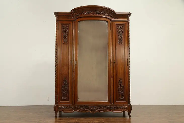 French Antique Hand Carved Walnut Armoire, Wardrobe or Closet, Mirror #31976