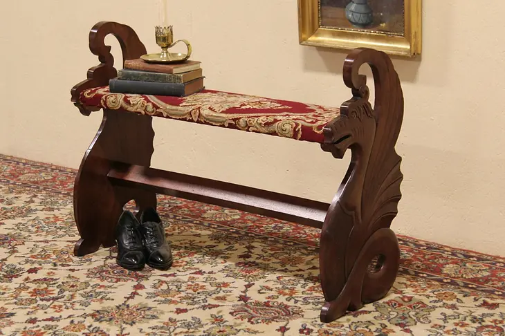Carved 1900 Antique Dragon Bench, Needlepoint