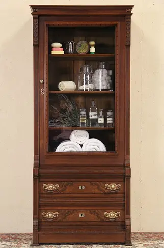 Victorian Eastlake 1885 Antique Walnut Bookcase or Glass Door Cabinet