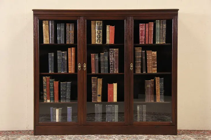 Oak 1900 Antique Triple Bookcase, Glass Doors