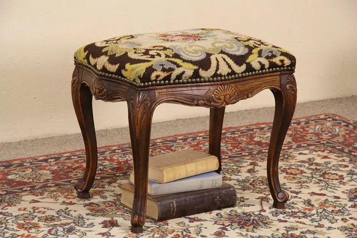 Country French Carved 1910 Antique Needlepoint Bench