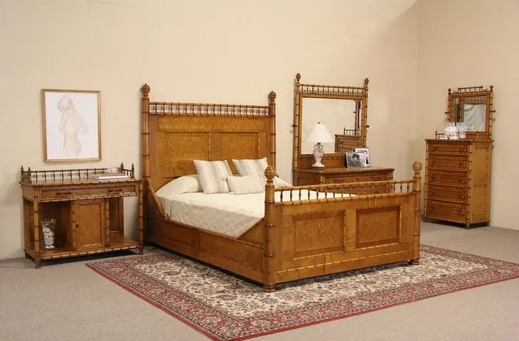 Curly Birdseye Maple Bamboo 4 Pc. Queen Size Antique 1870's Bedroom Set