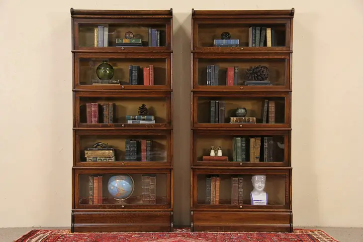 Pair 1900 Antique Oak 5 Stacking Lawyer Bookcases, Original Wavy Glass Doors