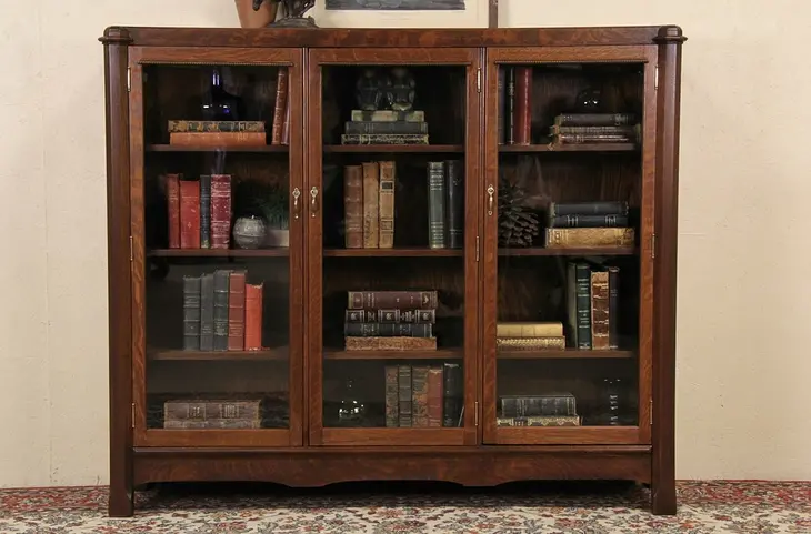 Triple 1900 Antique Oak Bookcase, Wavy Glass Doors, Adjustable Shelves
