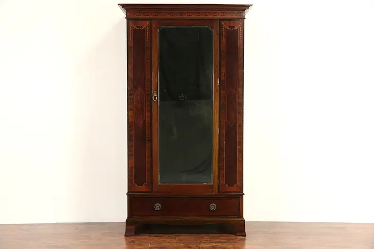 English 1910 Antique Armoire or Wardrobe, Marquetry & Beveled Mirror