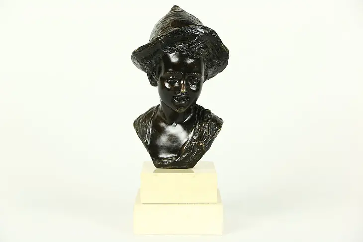 Bronze Bust of Italian Boy, Sculpture with Marble Base