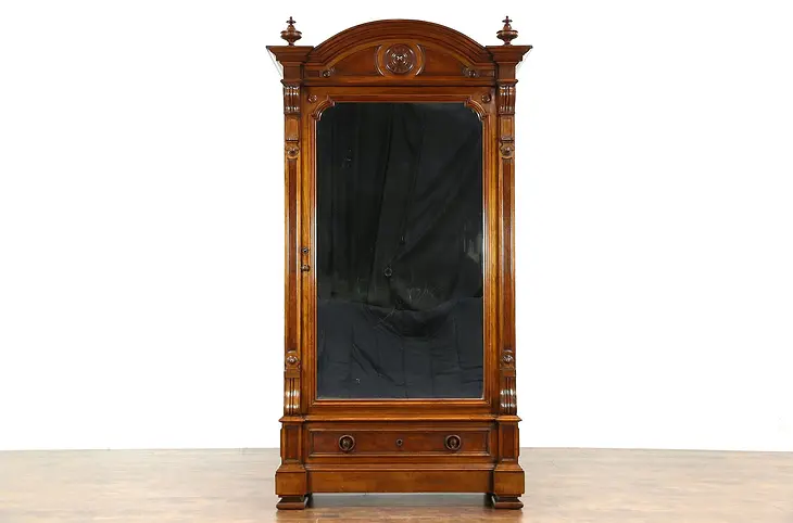 Victorian Renaissance 1875 Walnut Carved Armoire, Wardrobe or Closet, Mirror