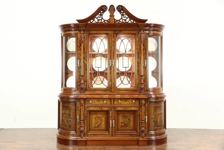 Traditional Breakfront China Display Cabinet, Curved Beveled Glass, Lighted