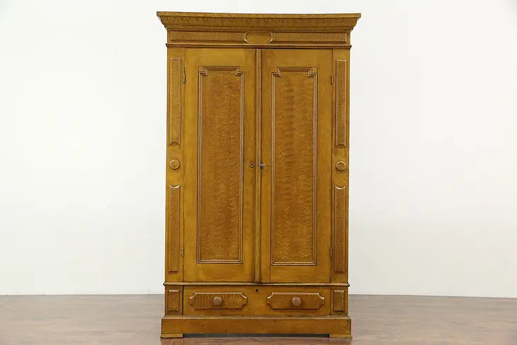 Grain Painted 1870 Antique Walnut Armoire, Wardrobe or Closet, Carved Hooks