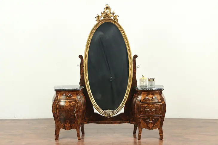 Walnut Marquetry Antique Bombe Dressing Table or Vanity, Mirror, Italy #29076