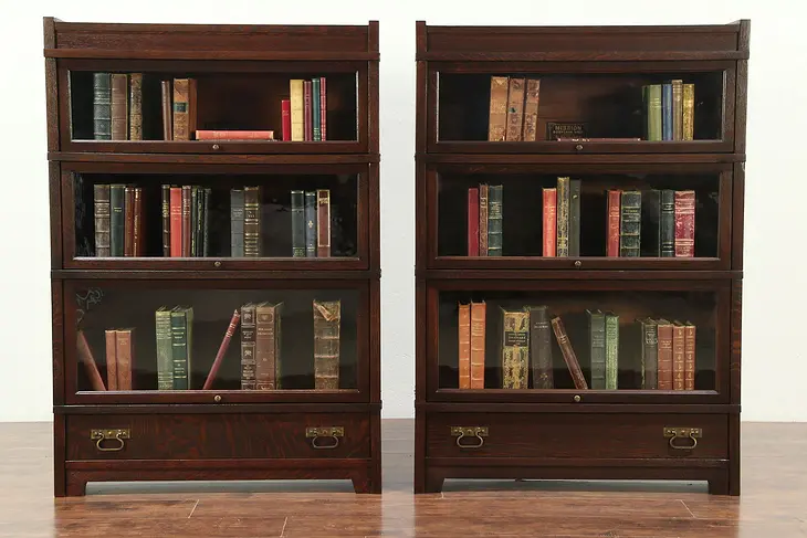 Pair of Mission Oak Antique 3 Stacking Lawyer Bookcases, Globe Wernicke #29158