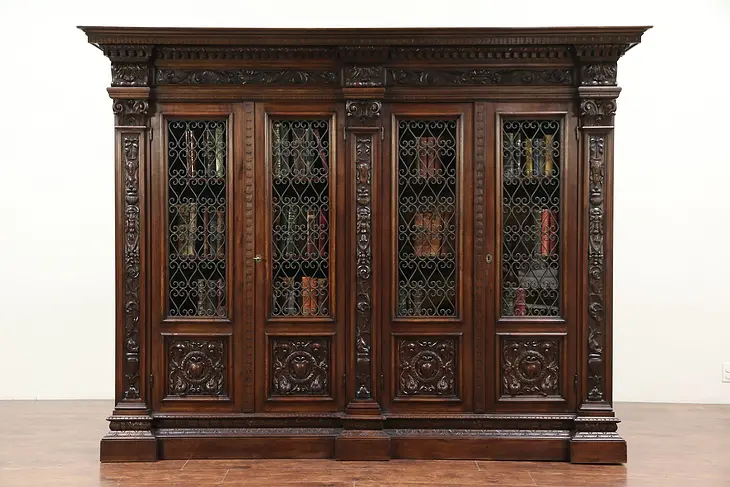 Renaissance Italian Antique Bookcase, Iron Grill Doors, Carved Dolphins #29328