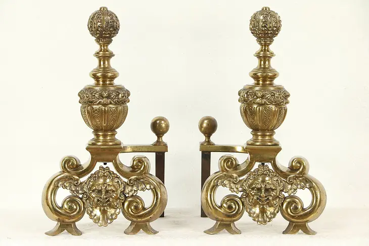Brass Antique Fireplace Hearth Andirons, Embossed Heads #29469