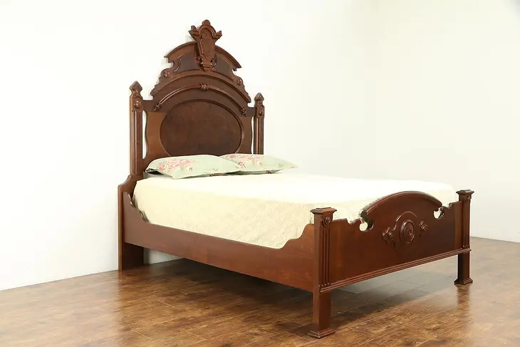 Victorian Carved Walnut & Burl Antique 1870 Queen Size Bed #31000