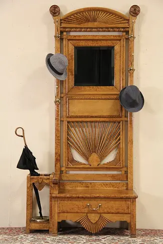 Hall Stand & Bench, Cane & Umbrella Holder, 1891 Antique Carved Birdseye Curly