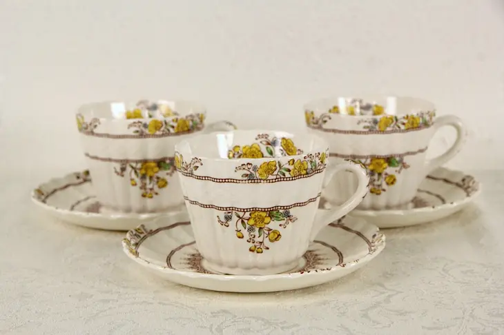 English Spode Buttercup Set of 3 Tea Cups and Saucers