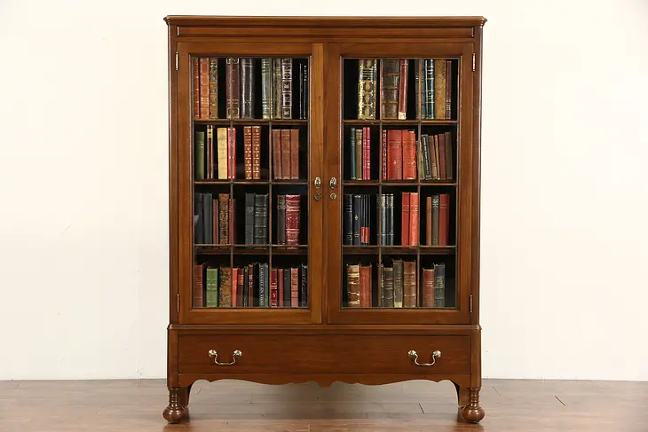 Walnut 1920 Antique Library Bookcase, Leaded Glass Doors, Signed