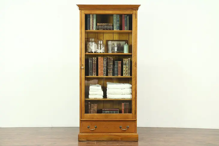 Bookcase Display Cabinet, Curly Birch Antique, Wavy Glass Door #28610