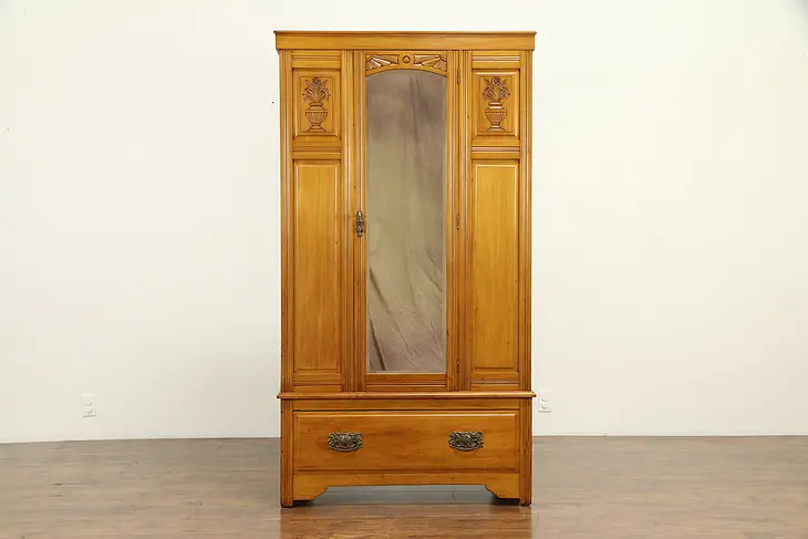 English Antique Carved Armoire, Closet or Wardrobe, Beveled Mirror #32116