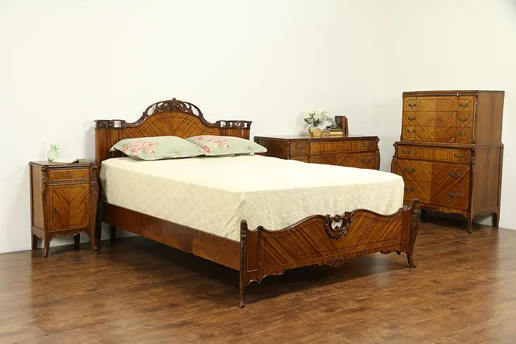 Satinwood Carved Vintage 4 Pc. Bedroom Set, Queen Size Bed #32120