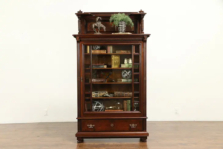 Victorian Eastlake Antique Walnut & Burl Library Bookcase, Wavy Glass #32255