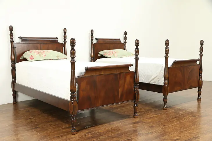Pair of Antique 1920 Mahogany Twin Poster Beds, Scrolled Headboards #32265