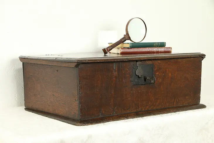 Georgian Antique 1760 Oak Bible Box, Document Chest, Original Lock #32289