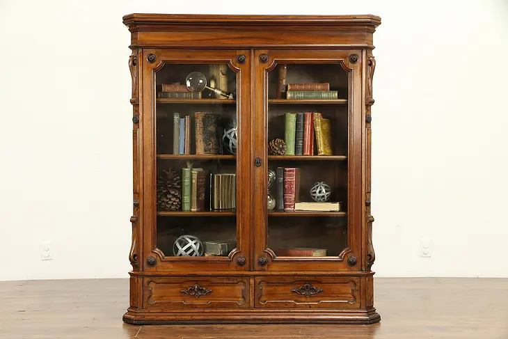 Victorian Antique 1880 Carved Walnut Library Bookcase, Adjustable Shelves #32354