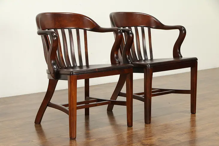 Pair of 1910 Antique Birch Hardwood Banker, Desk or Office Chairs C #32537