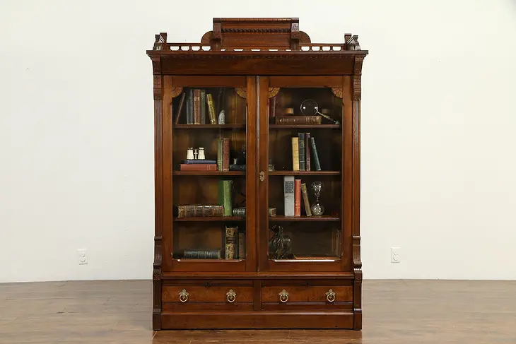 Victorian Eastlake Antique Walnut Library Bookcase #32659
