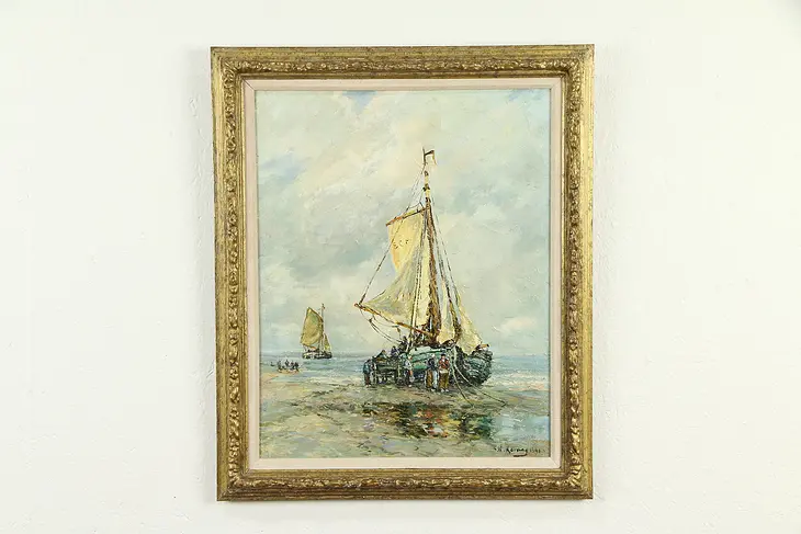 Beached Fishing Boat, Original Antique Dutch Oil Painting, Willem 1891 #32857
