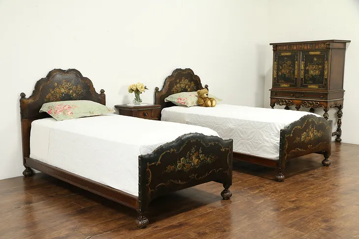 Bedroom Set, Twin Beds, Nightstand, Chest, Hand Painted Leather Widdicomb #32867
