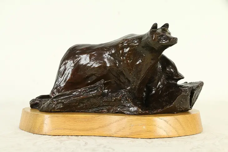 Bronze Bear Sculpture, Vintage Statue, Oak Base #32876