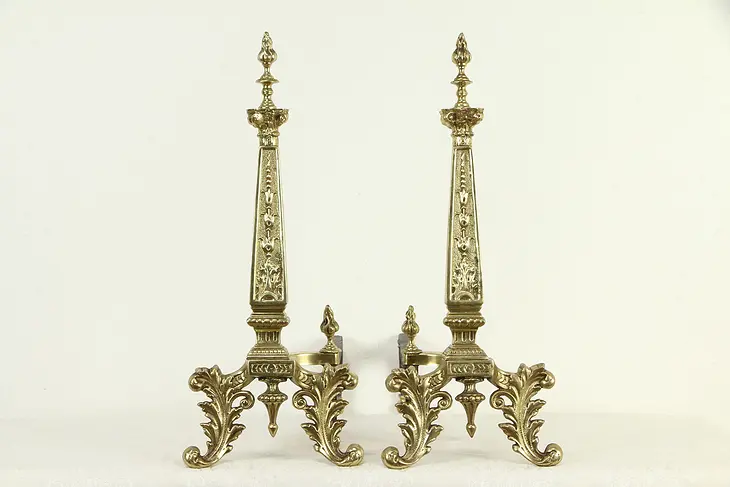 Pair of Antique Brass Fireplace Hearth Andirons #32891