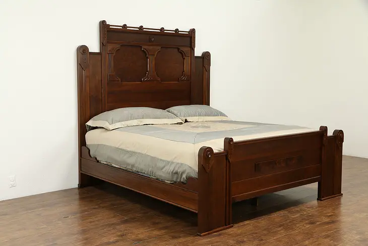 Victorian Eastlake Antique 1880 Walnut, Burl & Marquetry King Size Bed #32930