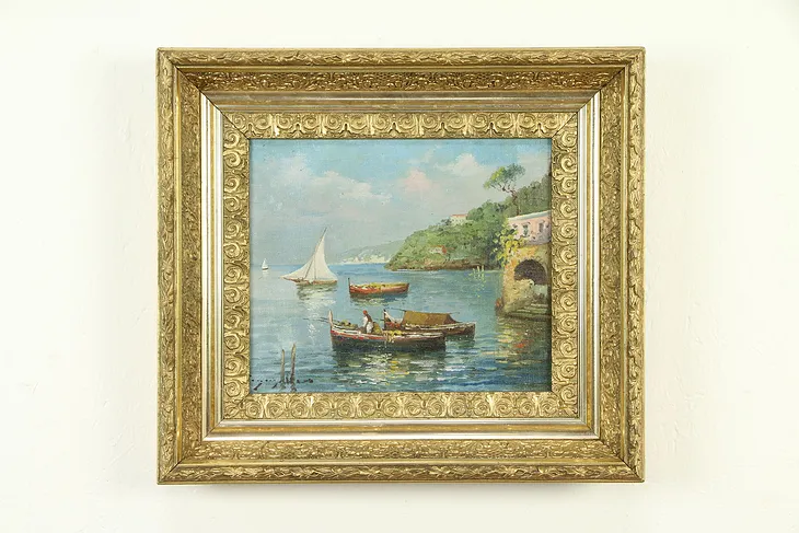 Boats in Capri, Italy, Original Italian Oil Painting, Gold Frame, Russo  #32709