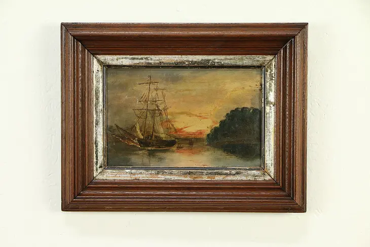 Sailing Ship At Sunset, Antique 1860 Original Oil Painting, Walnut Frame #32938