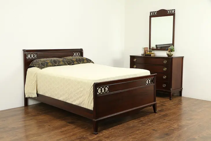 Traditional Vintage Mahogany 3 pc Bedroom Set, Double Bed, Chest, Mirror #32964