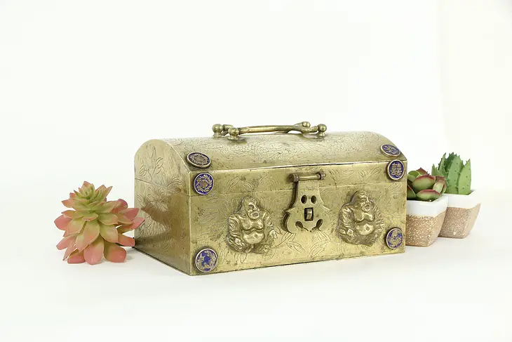 Engraved Brass Antique Jewelry Chest or Treasure Box, Buddha & Enamel #33480