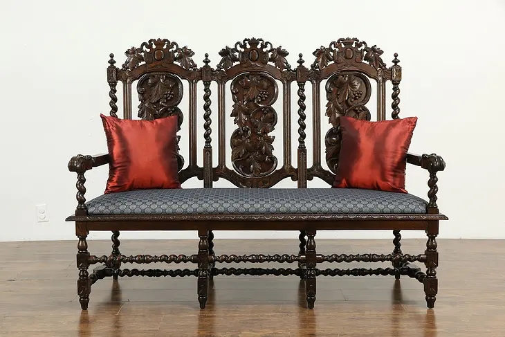 Black Forest Antique Carved Oak Settee Hall Bench, New Upholstery #33550