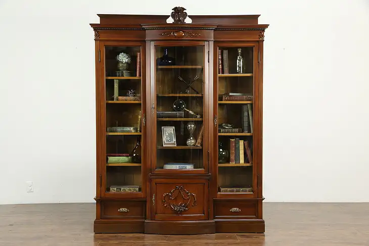 Victorian Antique Triple Library Bookcase, Curved Glass #33780