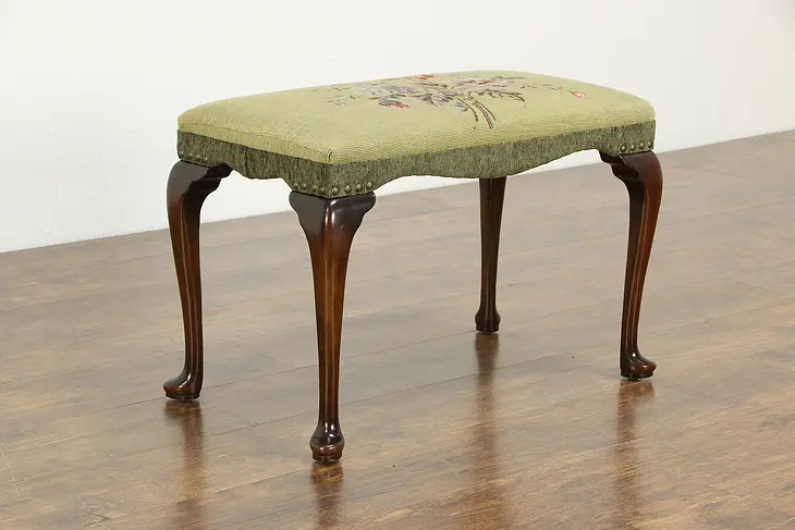 Traditional Maple Antique Bench, Hand Stitched Needlepoint Upholstery #33915